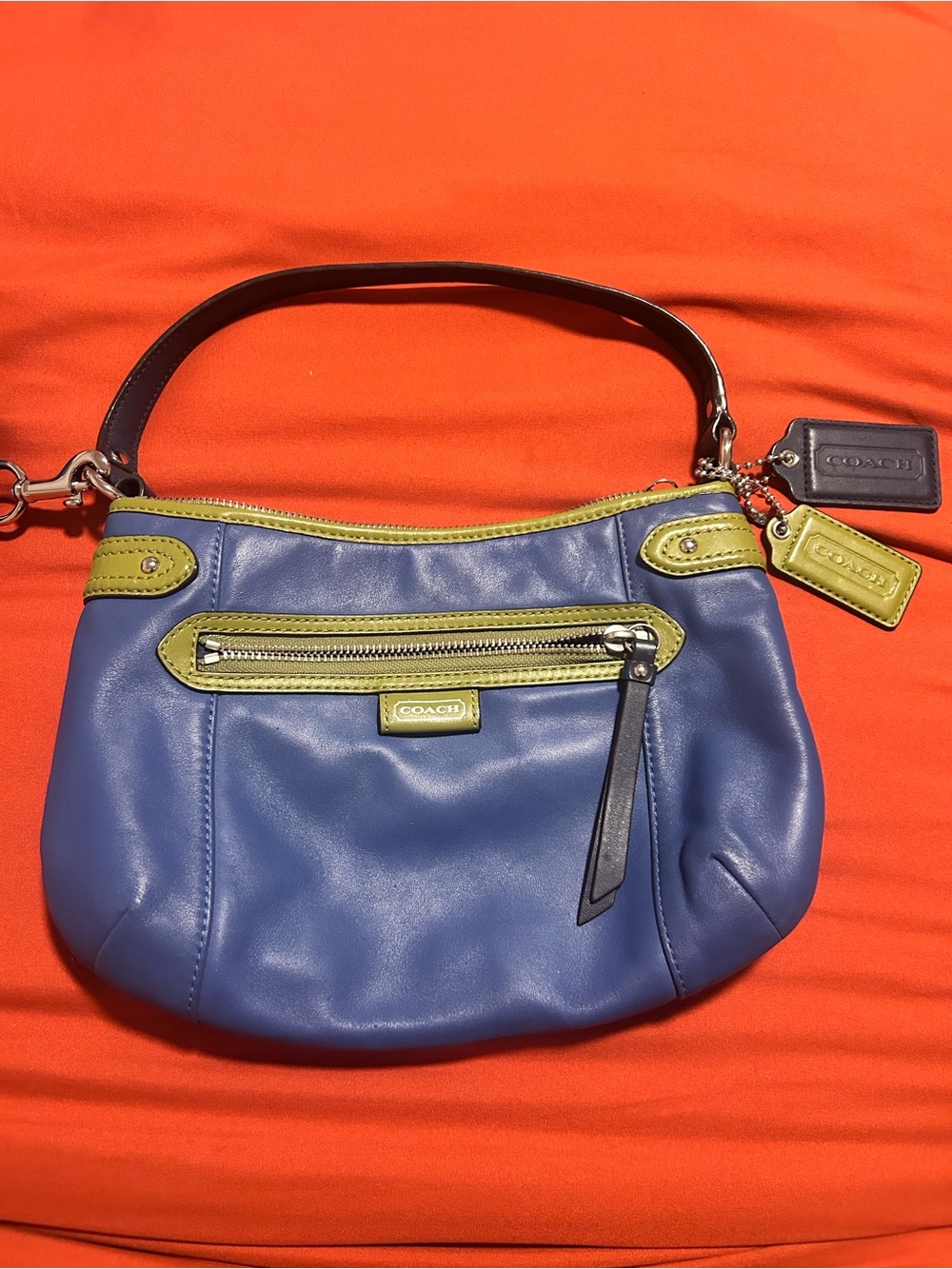 COACH Blue Leather Shoulder Bag with Lime Trim - Picture 1 of 5